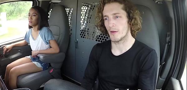  Flat chested teen Aria Sky slammed and facialized in the van